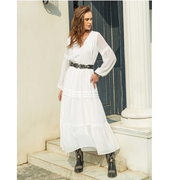 White Bohemian Maxi Dress Chiffon Neck Ties Long Sleeve Ruffle Hem Flowy - Picture 8 of 10